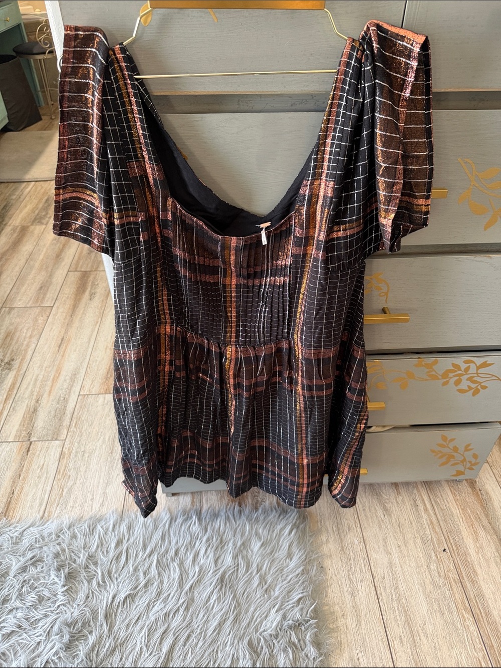 Free People Black Plaid Tunic with Rust Metallic Accent